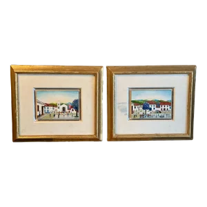 Vintage Miniature Mexican Themed Paintings Signed, Framed - a Pair