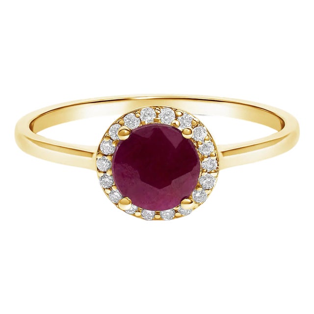 10K Yellow Gold Red Ruby and 1/10 Cttw Diamond Halo Ring For Sale