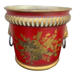 French Red & Gold Tole Cachepot With Lion Head Handles and Pierced Gallery Rim For Sale