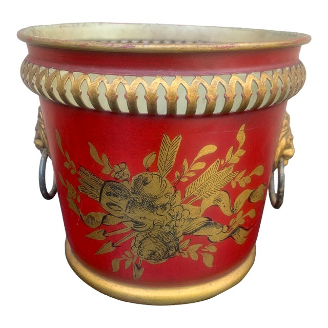 French Red & Gold Tole Cachepot With Lion Head Handles and Pierced Gallery Rim For Sale
