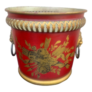 French Red & Gold Tole Cachepot With Lion Head Handles and Pierced Gallery Rim