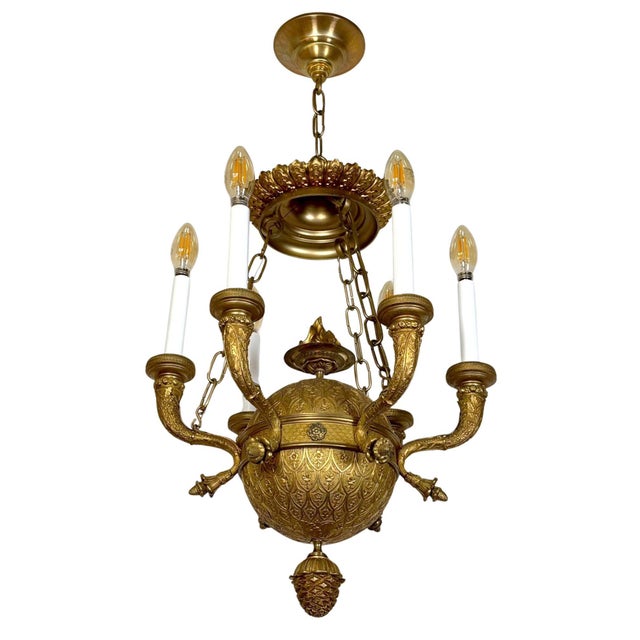 Traditional Early 20th Century Restored Antique Empire Bronze Ormolu Six Light Chandelier For Sale - Image 3 of 12