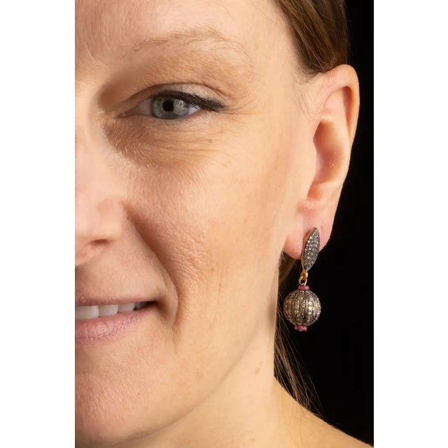 Contemporary Pair of Pave` Diamond and Ruby Drop Earrings For Sale - Image 3 of 4