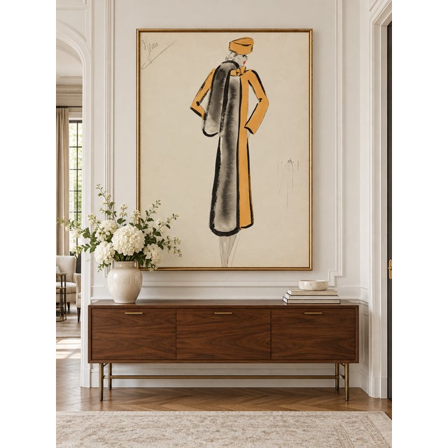 Art Deco Vintage French Fashion Art Print – Golden Yellow Coat Illustration, 12" X 16" For Sale - Image 3 of 9