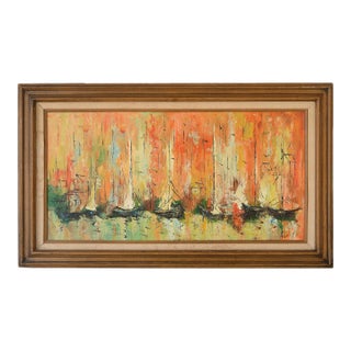 MCM Abstract Brutalist Sailboats at Harbor Seascape Painting For Sale