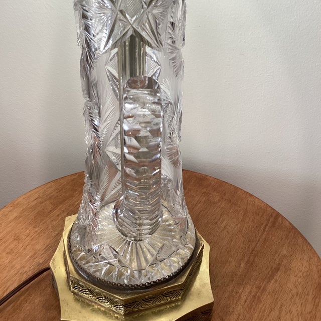 Vintage Neoclassical Style Waterford Brilliant Cut Pitcher Vase Table Lamp With Beaded and Sequined Brown Shade For Sale - Image 9 of 12