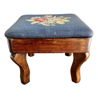 Antique French Country Style Mahogany Footstool With Floral Needlepoint Cushion For Sale