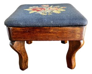 Antique French Country Style Mahogany Footstool With Floral Needlepoint Cushion
