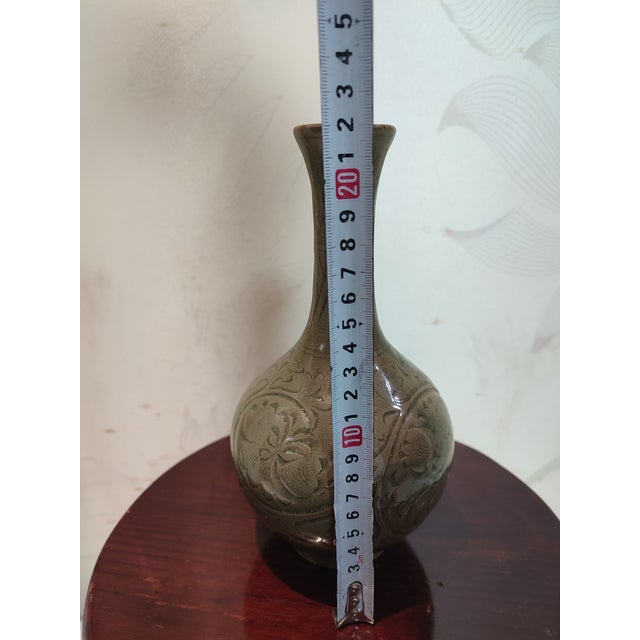 Ceramic Chinese Ceramic Vase Yaozhou Ware Celadon Vase Hand Carved Flowers Pattern For Sale - Image 7 of 10