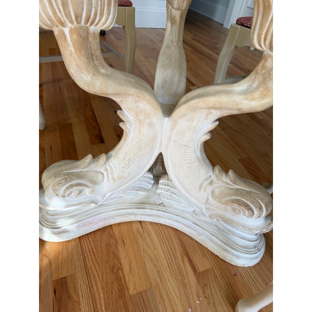 Hollywood Regency Vintage Hollywood Regency Ivory Triple Dolphin Pedestal Glass Top Dining Table For Sale - Image 3 of 3