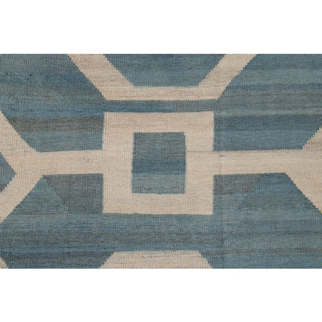 10 X 13 Modern Flatweave Kilim Blue Wool Rug With Geometric Pattern For Sale - Image 11 of 12