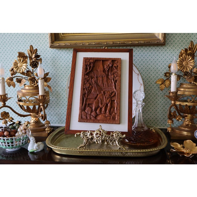 Vintage Southeast Asian Carved Teak Elephant, House & Temple Relief on Silk For Sale In Washington DC - Image 6 of 15