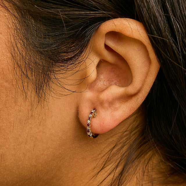 10K Yellow Gold Alternating Diamond and Red Ruby Huggy Hoop Earrings, A Pair For Sale - Image 4 of 5