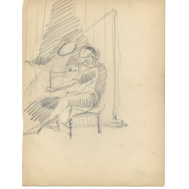 Grace Spongberg (American, 1906-1992) figure drawing of a lady working at a sewing machine, graphite on paper, estate...