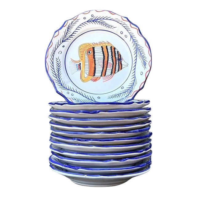 Vintage Italian Hand Painted Fish Plates - Set of 12 For Sale