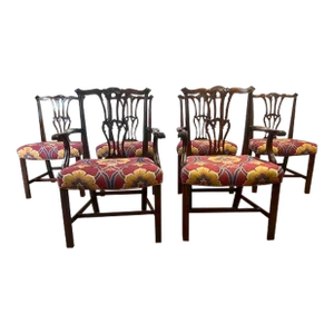 Mid 20th Century Chippendale Style Mahogany Upholstered Dining Chairs- Set of 6