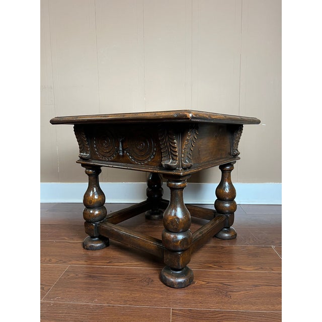 1910s Antique English Side End Table Small Square Carved Oak Jacobean Revival C1910 For Sale - Image 5 of 18