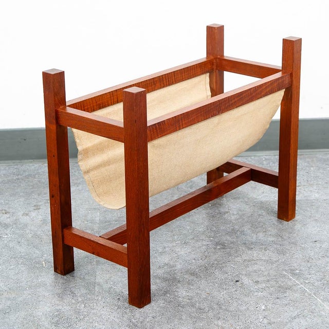 Mid Century Modern Magazine Rack Danish Canvas Sling Teak Vintage Tan Brown For Sale In Sacramento - Image 6 of 10