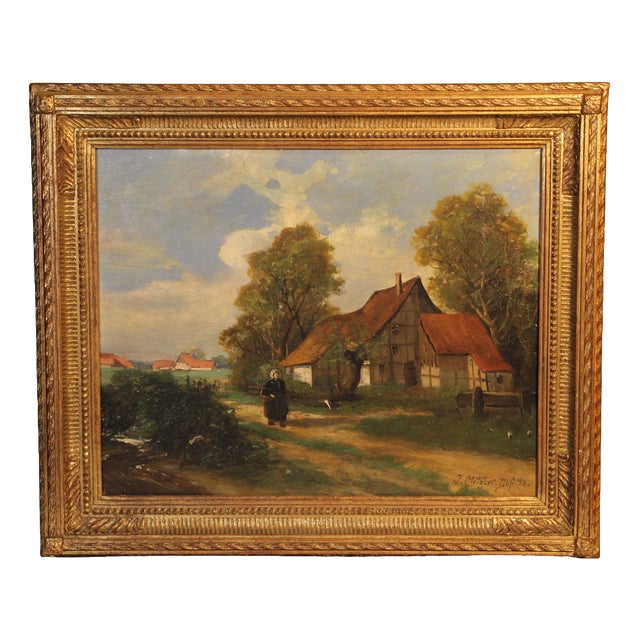 J. Metzler, Village Scene, 1898, Oil Painting on Board, Framed For Sale
