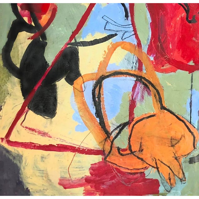 Large Original Colorful Abstract Painting on Paper in Red, Soft Blue, and Orange For Sale - Image 4 of 4