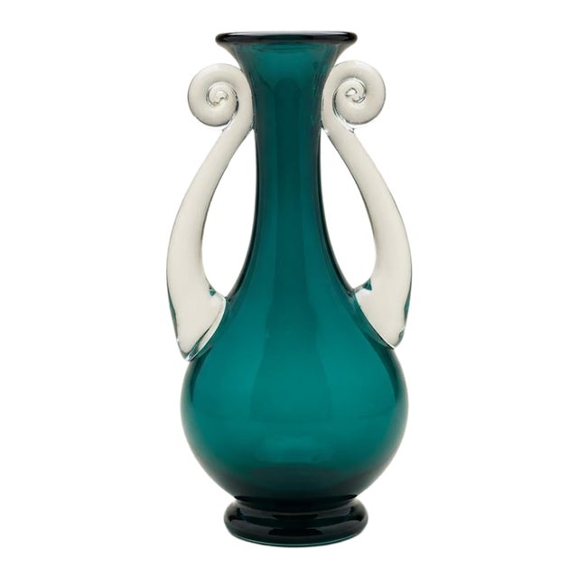 Vintage Teal Green Art Glass Vase With Clear Applied Scroll Handles For Sale
