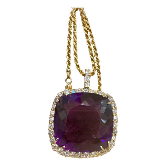 110Ct Cushion Amethyst & 5 Ct Diamond Pendant Necklace 14 K Yellow Gold + Chain For Sale