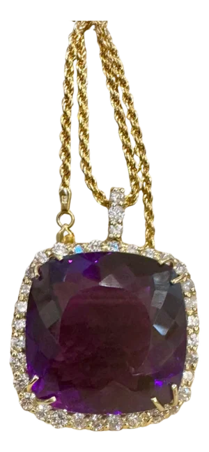 110Ct Cushion Amethyst & 5 Ct Diamond Pendant Necklace 14 K Yellow Gold + Chain