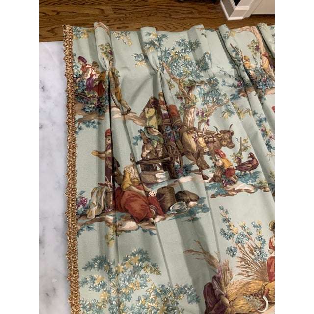 Textile 3 Pair Custom Designer Fabric Multi-Color Toile Drapery Panels / Curtains / Drapes - Kravet’s Guinevere Sage Green - Pinch Pleat Pleated Curtains For Sale - Image 7 of 11