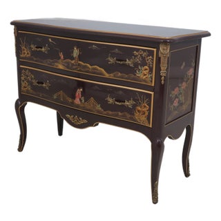 Century Chinoiserie Decorated Burgundy Lacquer Commode For Sale