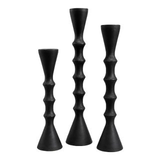Modern Matte Black Turned Metal Candle Holders - Set of 3 For Sale