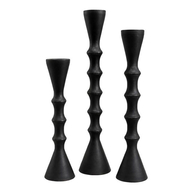 Modern Matte Black Turned Metal Candle Holders - Set of 3 For Sale