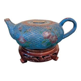 Antique Chinese Plique a Jour Cloisonné Green Brass & Multi Enamel Teapot For Sale