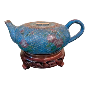 Antique Chinese Plique a Jour Cloisonné Green Brass & Multi Enamel Teapot
