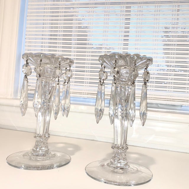 Early 20th Century Crystal Candle Holders With Drop Crystals a Pair