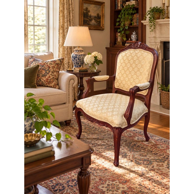 1990s Ethan Allen French Louis XV Style Carved Cherry Armchair in Cream Damask For Sale - Image 5 of 11
