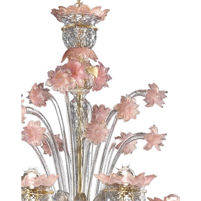 Early 21st Century Venetian Gold and Pink Floral Murano Glass Chandelier For Sale - Image 4 of 13