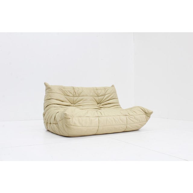 Set of Set of Togo Sofa & Pouf in Beige Leather by Michel Ducaroy for Ligne Roset For Sale - Image 9 of 13