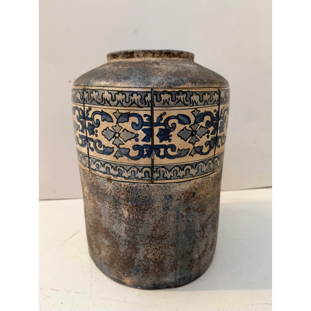 Vintage Mediterranean Ceramic Vessel, Blue and White Decorative Band For Sale - Image 4 of 8