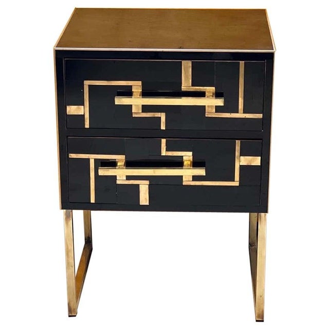 Black Wooden Bedside Tables in Black Glass with Brass Inlay from Justfurnituress SRL, Set of 2 For Sale - Image 8 of 8