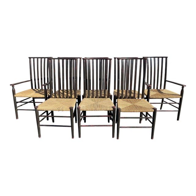 Set of 8 Elegant Dining Chairs: Tall Back Dessin Fournir Slat Back Black Hand Rubbed Ebonized Wood With Rush Seats. Set of 8 For Sale