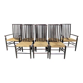 Set of 8 Elegant High Quality Dining Chairs: Tall Back Dessin Fournir Slat Back Black Hand Rubbed Ebonized Wood With Rush Seats. Set of 8 For Sale