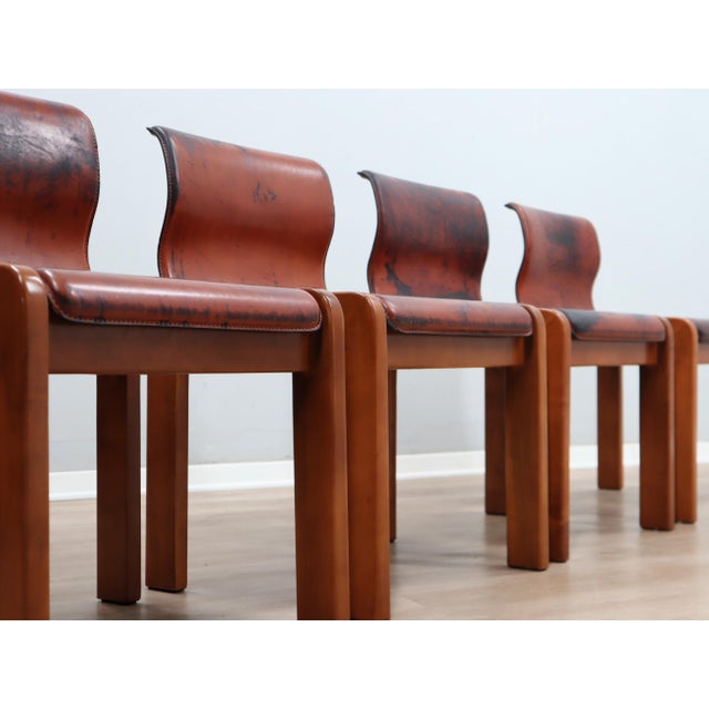 Afra & Tobia Scarpa Curved Wood & Leather Chairs from Afra & Tobia Scarpa, 1970s, Set of 4 For Sale - Image 4 of 18