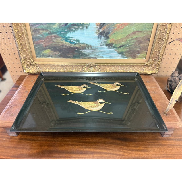Vintage Mid-Century Modern Black Lacquer Tray With Hand-Painted Shorebirds - 1950s Japanese Decorative Serving Art For Sale - Image 4 of 8