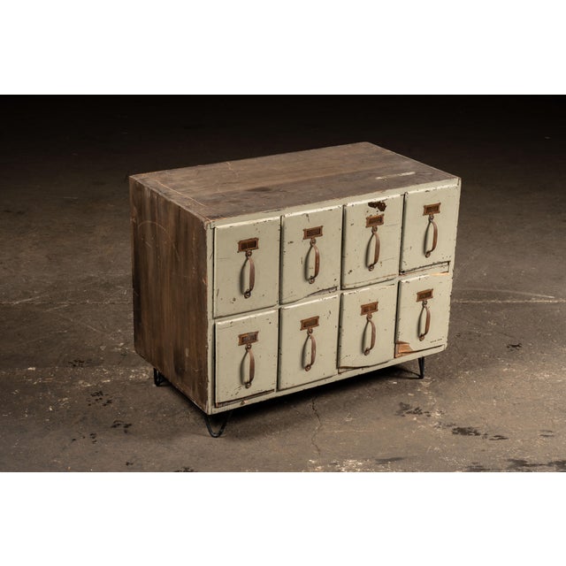 Vintage Eight-Drawer Wooden Card Catalog–Style Cabinet on Hairpin Legs For Sale - Image 4 of 7