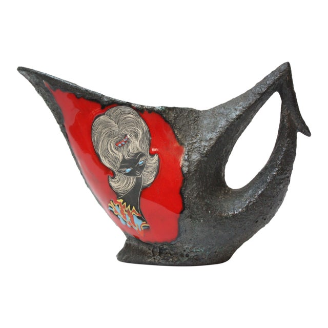 Mid Century Italian Modern San Marino Fat Lava Ceramic and Enamel Pitcher For Sale