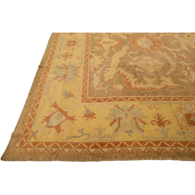 Modern Designed Turkish Oushak Handmade Brown Wool Rug With Floral Motif For Sale - Image 4 of 7