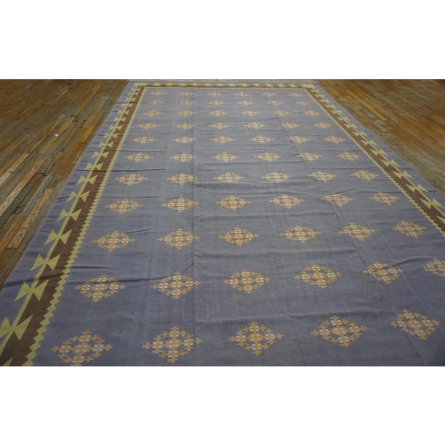 1930s Blue Gray Diamond Antique Indian Cotton Dhurrie Carpet Flatweave Large Rug For Sale - Image 4 of 17