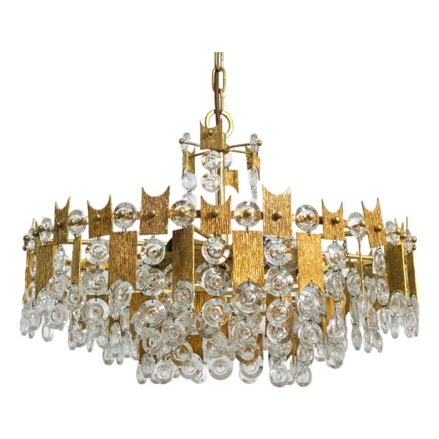 Brutalist Brass and Glass Chandelier by Sciolari for Palwa, 1970s For Sale
