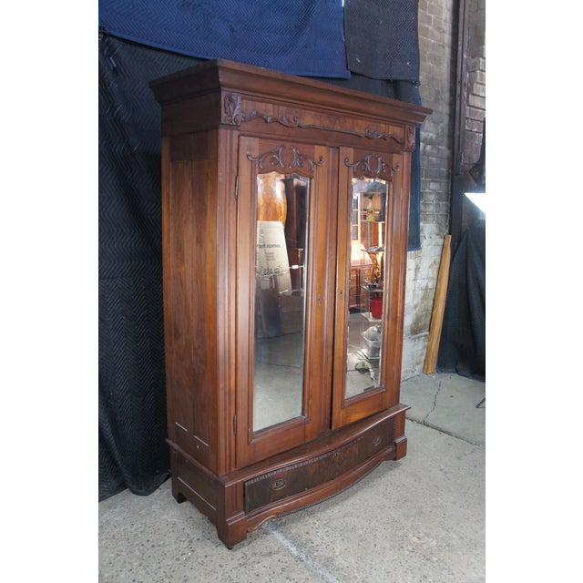 Antique Victorian Walnut Mirrored Clothing Armoire Wardrobe Closet Cabinet 87" For Sale - Image 16 of 17