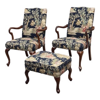 Pair of Vintage Queen Anne Chairs and Ottoman With Black Toile Upholstery For Sale